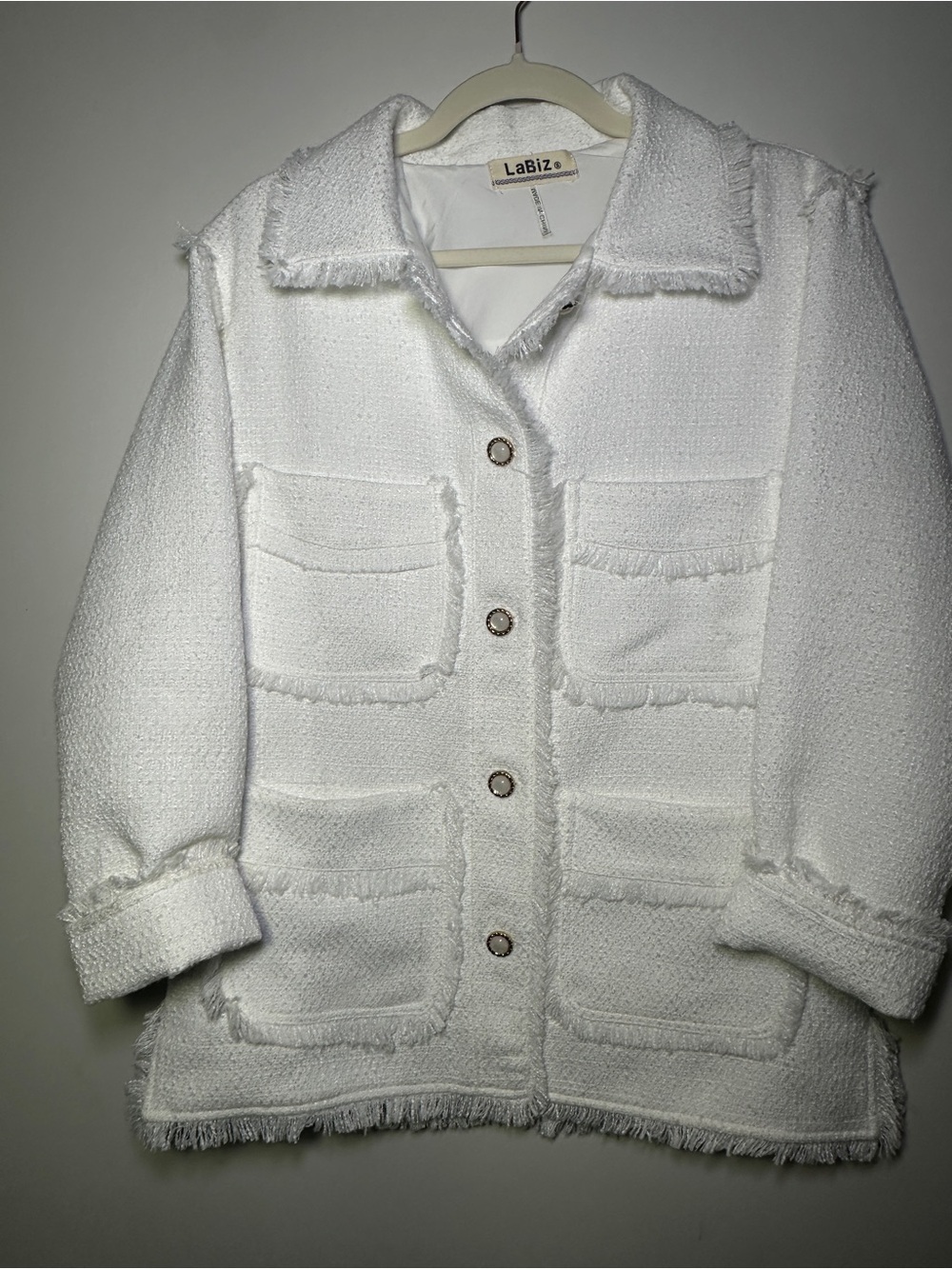 LaBiZ White Tweed Textured Button Front Jacket Fringe Trim Size Small